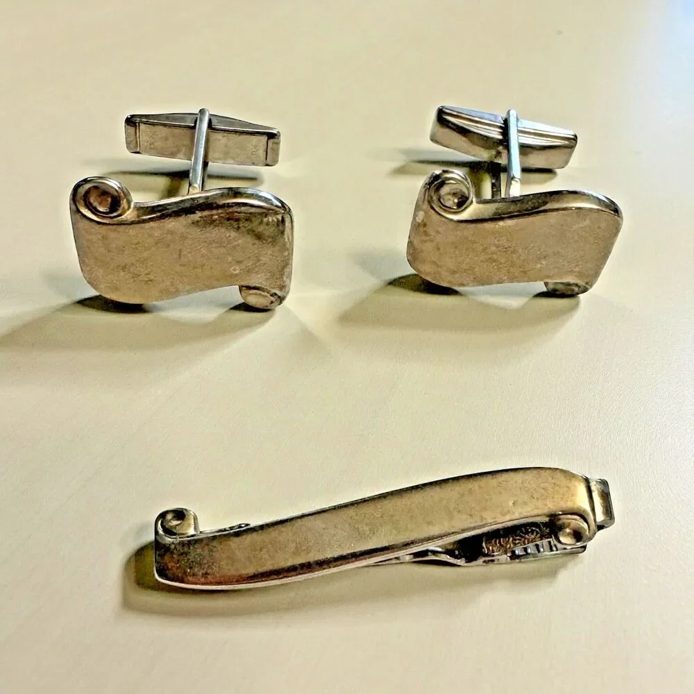 Vintage Silver Tone Cufflinks & Tie Clip Set Scroll Design Men’s Formal